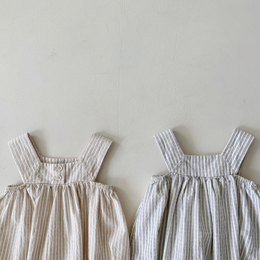 -ベビー ストライプ ノースリーブ サスペンダー ロンパース ブルー カーキ ユニセックス 5913B - mamahalo shop - ノースリーブロンパース - べビー服 - 子供服 - 男の子 - 女の子