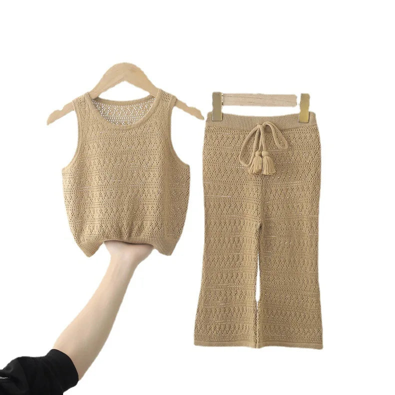 -キッズ レース サマー ニット タンクトップ ワイド ルーズ パンツ ベージュ キャメル ガールズ - mamahalo shop - ロングパンツ・スウェットパンツ - べビー服 - 子供服 - 男の子 - 女の子
