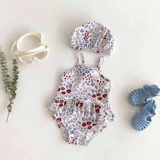 -ベビー水着 キャミソールペプラムワンピース 帽子セット スイムウェア ラッシュガード フラワー花柄プリント【mh0005110】 - mamahalo shop - ベビー用水着 - べビー服 - 子供服 - 男の子 - 女の子