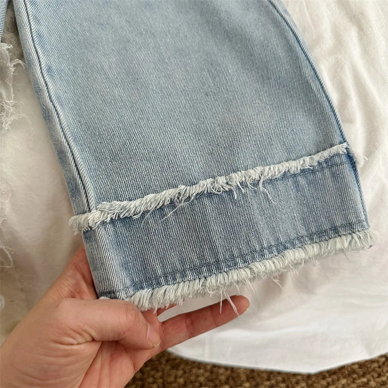 -キッズパンツ デニムパンツ 切り替えフリンジ ルーズワイドパンツ ジーンズ ジーパン - mamahalo shop - デニムパンツ - べビー服 - 子供服 - 男の子 - 女の子