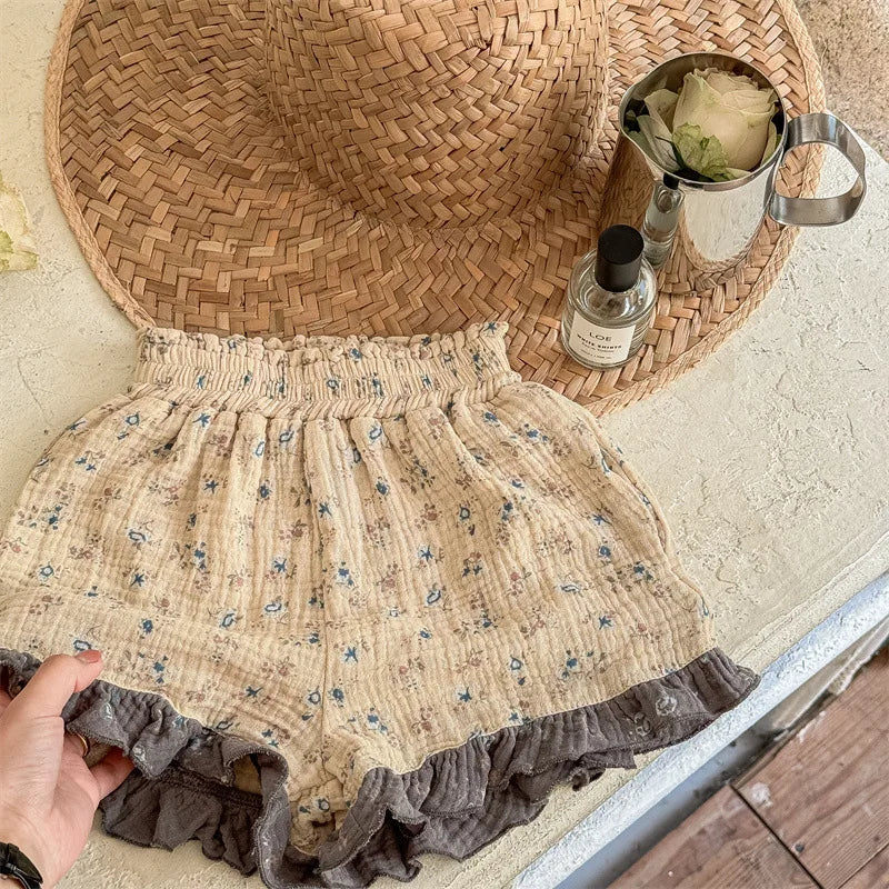 -キッズパンツ フリルショートパンツ フラワー小花柄プリント レトロ 2カラー - mamahalo shop - ハーフパンツ・ショートパンツ - べビー服 - 子供服 - 男の子 - 女の子