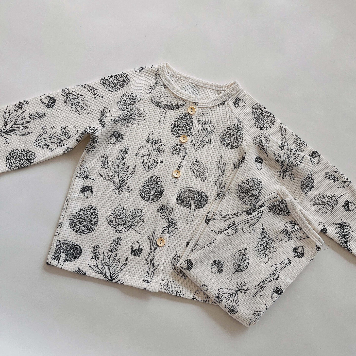 -キッズ ワッフル 長袖 パジャマセット ボタニカル 幾何学 太陽 ルームウェア 3デザイン ユニセックス - mamahalo shop - 長袖パジャマ - べビー服 - 子供服 - 男の子 - 女の子