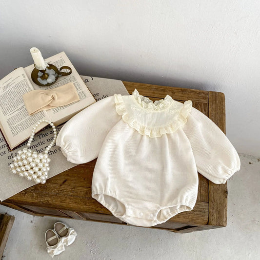 -ベビーロンパース レーススタンドフリルカラー長袖ワッフルボディスーツ アプリコット - mamahalo shop - 長袖ロンパース - べビー服 - 子供服 - 男の子 - 女の子