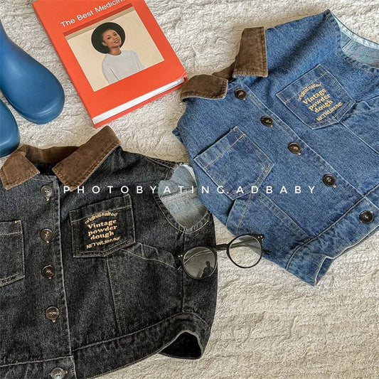 -キッズベスト デニムベスト 襟付き前あき ノースリーブジャケット 2カラー - mamahalo shop - ベスト - べビー服 - 子供服 - 男の子 - 女の子