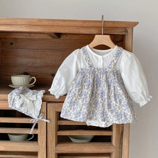 -ベビーロンパース ドッキングスカートフラワープリント長袖ボディスーツ+ボンネット帽子セット【mh0006994】 - mamahalo shop - 長袖ロンパース - べビー服 - 子供服 - 男の子 - 女の子