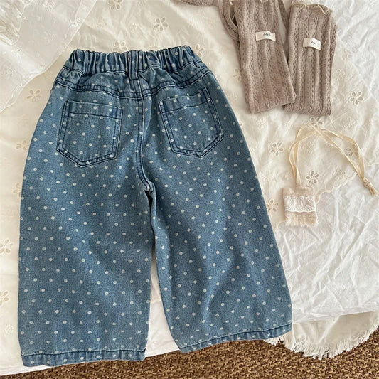 -キッズパンツ 水玉ドットワイドルーズデニムパンツ ジーンズジーパン - mamahalo shop - デニムパンツ - べビー服 - 子供服 - 男の子 - 女の子