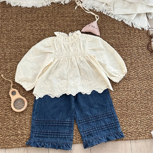 -キッズパンツ 裾フリルボーダーアクセントワイドルーズデニムパンツ ジーンズ【mh0007080】 - mamahalo shop - デニムパンツ - べビー服 - 子供服 - 男の子 - 女の子