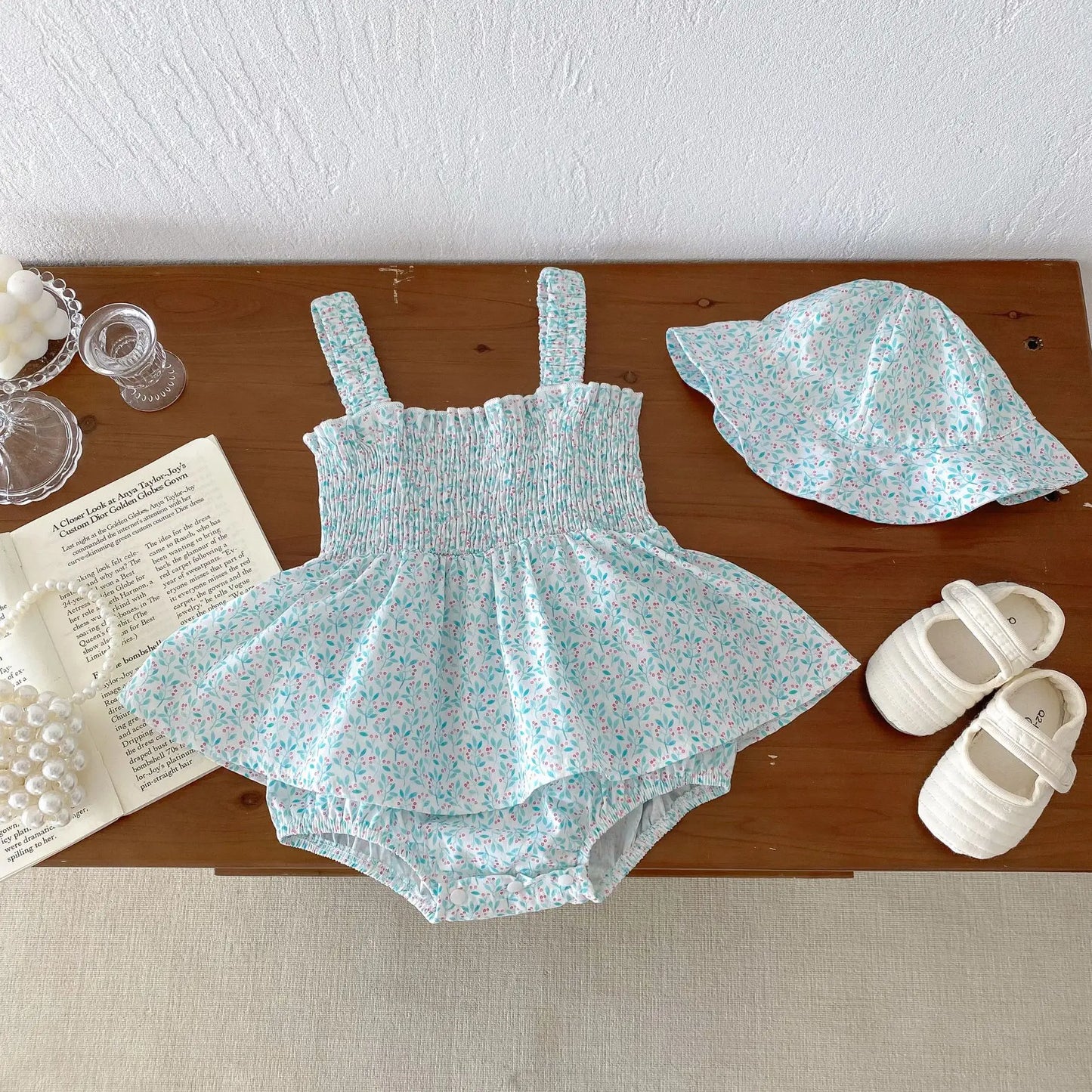 -ベビーロンパース 帽子セット キャミソールシャーリングスカートボディスーツ チューリップハット 2カラー【mh0006527】 - mamahalo shop - ノースリーブロンパース - べビー服 - 子供服 - 男の子 - 女の子