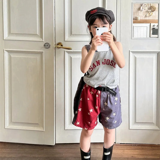 -キッズパンツ 星スタープリント バイカラー パッチワーク ショートパンツ 2カラー【mh0005440】 - mamahalo shop - ハーフパンツ・ショートパンツ - べビー服 - 子供服 - 男の子 - 女の子