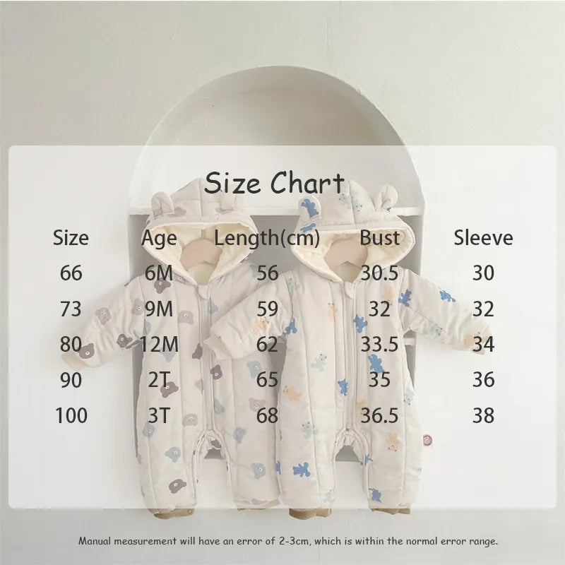 -ベビーアウタージャンプスーツ くま耳フーディロンパース フード付き アウター キルティング エンボス くま ベアプリント 4柄 ユニセックス 男の子 女の子 子供服 - mamahalo shop - アウタージャンプスーツ - べビー服 - 子供服 - 男の子 - 女の子