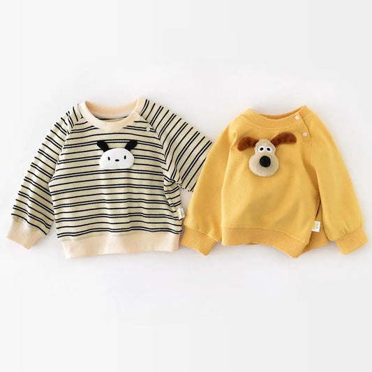 -ベビートップス 長袖スウェットシャツ ボーダー/無地 アニマルアップリケ - mamahalo shop - 長袖Tシャツ - べビー服 - 子供服 - 男の子 - 女の子