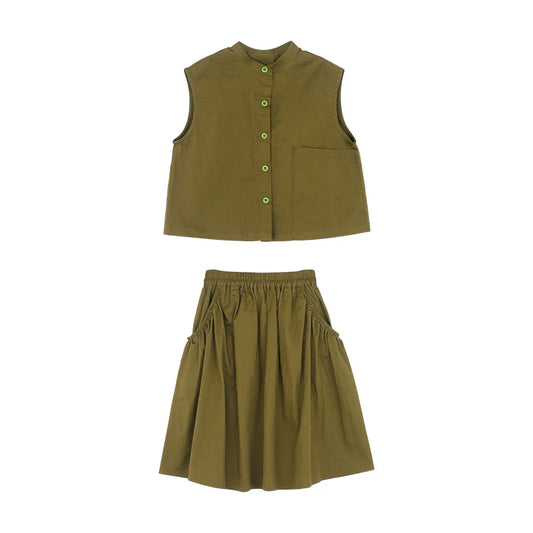 -キッズセットアップ 2点セット ノースリーブブラウス+スカート フラワーレース刺繍 ベージュ【mh0004521】 - mamahalo shop - ノースリーブセットアップ - べビー服 - 子供服 - 男の子 - 女の子