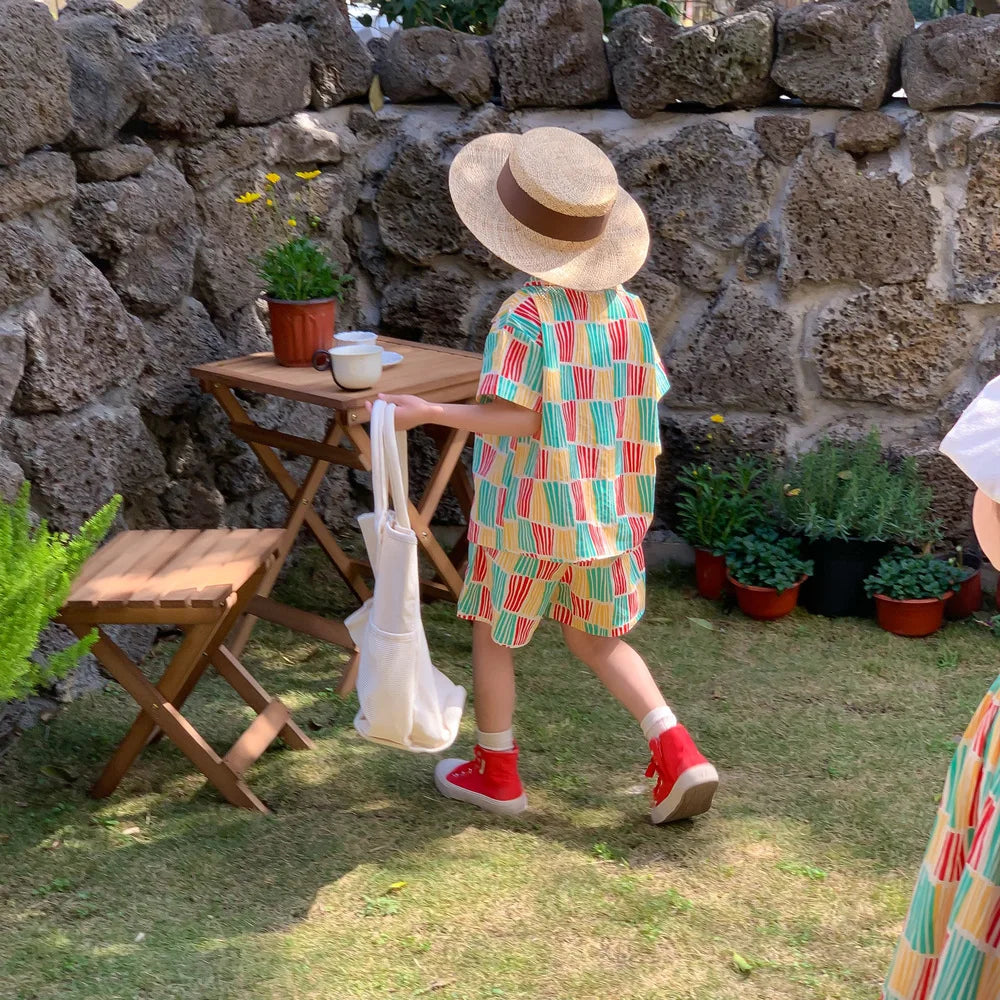 -キッズセットアップ 2点セット/ワンピース ボーイズ半袖シャツ+ショートパンツ/ガールズノースリーブワンピース カラフルチェックストライプ リンクコーデ 兄弟姉妹 お揃いコーデ - mamahalo shop - 半袖セットアップ - べビー服 - 子供服 - 男の子 - 女の子