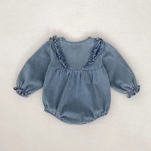 -ベビーロンパース デニムフリルアクセント長袖ボディスーツ【mh0006986】 - mamahalo shop - 長袖ロンパース - べビー服 - 子供服 - 男の子 - 女の子