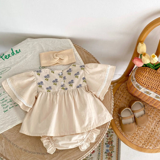 -☺︎ ベビーセットアップ 2点セット フライングスリーブチュニックブラウス+フリルブルマパンツ ベージュ - mamahalo shop - 半袖セットアップ - べビー服 - 子供服 - 男の子 - 女の子