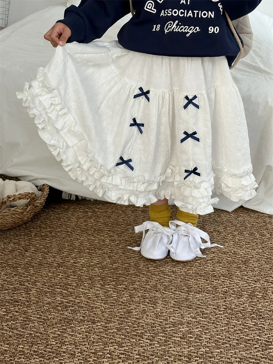 -キッズスカート 裾フリル ダブルリボン プリンセススカート ホワイト - mamahalo shop - スカート - べビー服 - 子供服 - 男の子 - 女の子