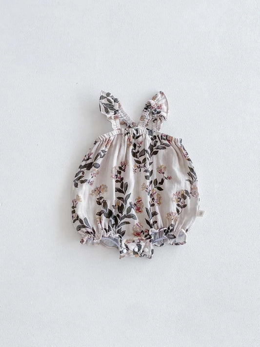 -ベビーロンパース フリルサスペンダーボディスーツ フラワー花柄プリント【mh0006193】 - mamahalo shop - ノースリーブロンパース - べビー服 - 子供服 - 男の子 - 女の子