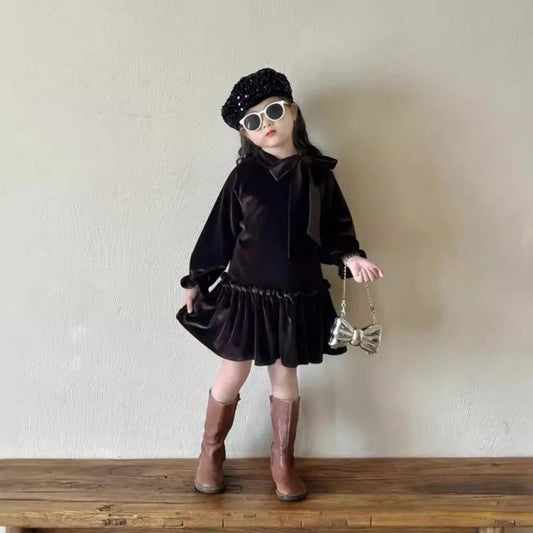 -キッズワンピース ビッグリボンフェイクベルベットウエストマーク長袖ドレスワンピース ダークコーヒー - mamahalo shop - 長袖ワンピース - べビー服 - 子供服 - 男の子 - 女の子