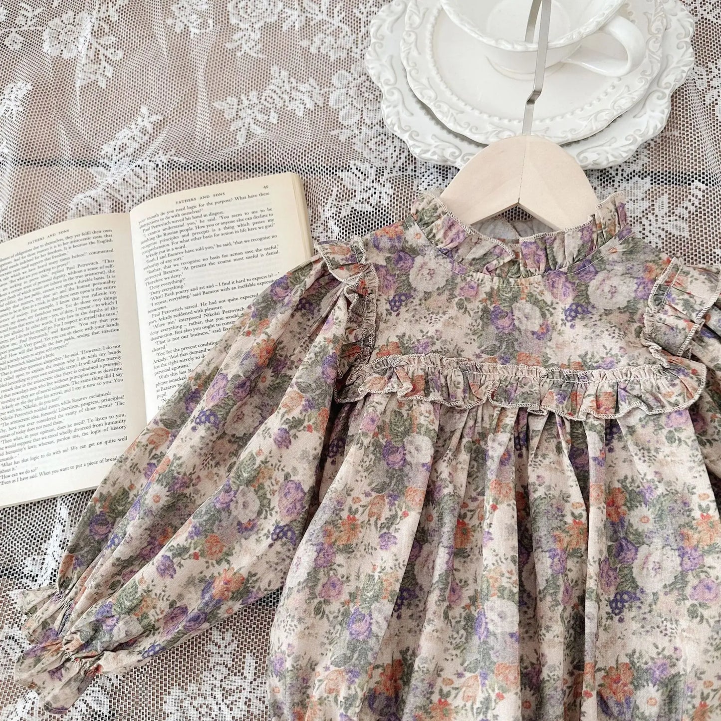 -ベビーロンパース 長袖ボディスーツ フリルスタンドカラー フラワー花柄プリント【mh0006387】 - mamahalo shop - 長袖ロンパース - べビー服 - 子供服 - 男の子 - 女の子