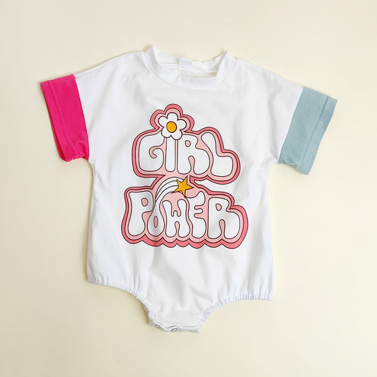 -ベビー グラフィティ レターロゴ プリント パッチワーク 半袖 ロンパース ホワイト ガールズ【mh0002011】 - mamahalo shop - 半袖ロンパース - べビー服 - 子供服 - 男の子 - 女の子