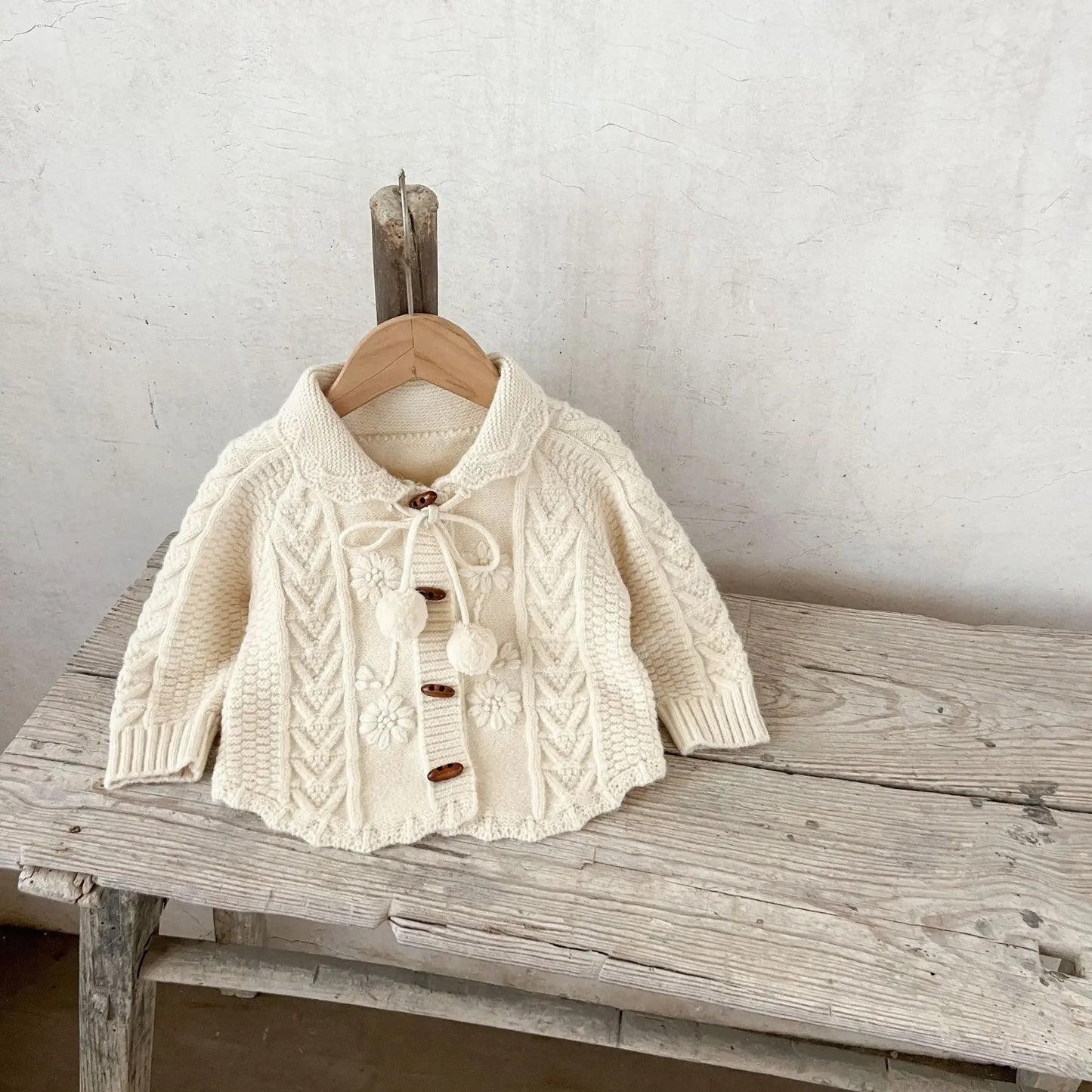 -ベビーキッズカーディガン アラン編みケーブルニットぽんぽん付きニットジャケット 4カラー - mamahalo shop - カーディガン・パーカー - べビー服 - 子供服 - 男の子 - 女の子