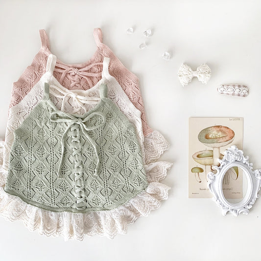 -ベビー キッズ サマーニット 編み上げ レース キャミソール ペプラム トップス ブラウス ピンク クリームアイボリー グリーン ガールズ - mamahalo shop - タンクトップ・キャミソール・ノースリーブトップス - べビー服 - 子供服 - 男の子 - 女の子