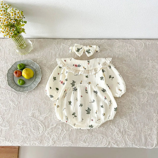 -ベビーロンパース レース縁取り丸襟リーフフラワープリント長袖ボディスーツ+リボンヘアバンドセット アプリコット【mh0007393】 - mamahalo shop - 長袖ロンパース - べビー服 - 子供服 - 男の子 - 女の子