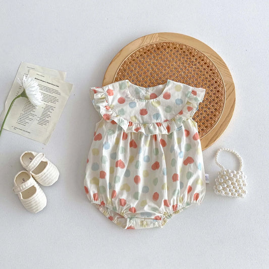 -ベビーロンパース ノースリーブ フリルボディスーツ 水玉ドットハートプリント【mh0006544】 - mamahalo shop - ノースリーブロンパース - べビー服 - 子供服 - 男の子 - 女の子