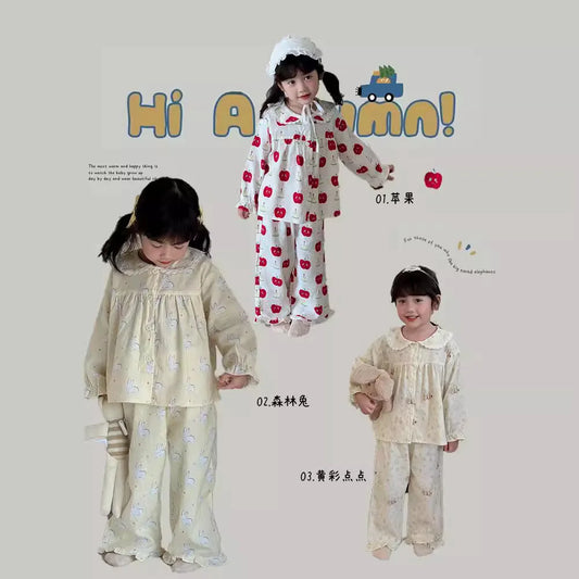 -キッズパジャマセット アップルりんご/うさぎバニープリント長袖ブラウス+ロングパンツ 3カラー - mamahalo shop - 長袖パジャマ - べビー服 - 子供服 - 男の子 - 女の子
