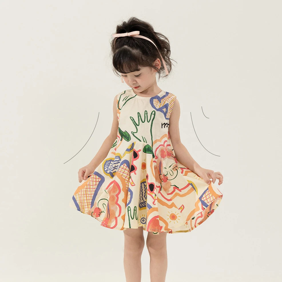 -キッズワンピース ノースリーブAラインワンピース 幾何学抽象画プリント 2カラー【mh0005546】 - mamahalo shop - ノースリーブワンピース - べビー服 - 子供服 - 男の子 - 女の子