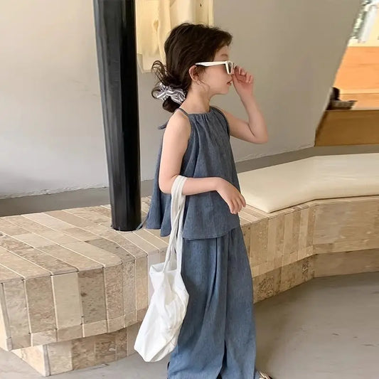 -キッズセットアップ 2点セット キャミソールチュニックブラウス+ワイドルーズタックパンツ - mamahalo shop - ノースリーブセットアップ - べビー服 - 子供服 - 男の子 - 女の子