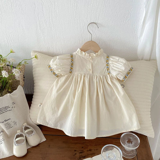 -キッズワンピース 半袖パフスリーブドレスワンピース チロリアン ベージュ - mamahalo shop - 半袖ワンピース - べビー服 - 子供服 - 男の子 - 女の子