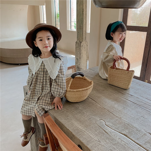 -キッズ ビッグ襟 チェック 無地 ワンピース 2スタイル【mh0002900】 - mamahalo shop - 長袖ワンピース - べビー服 - 子供服 - 男の子 - 女の子
