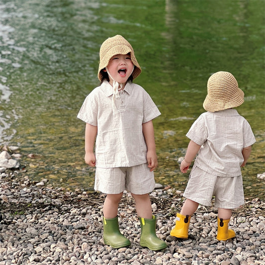 -キッズ グレンチェック セットアップ 半袖 シャツ ショートパンツ ベージュ ダークグレー ボーイズ - mamahalo shop - 半袖セットアップ - べビー服 - 子供服 - 男の子 - 女の子