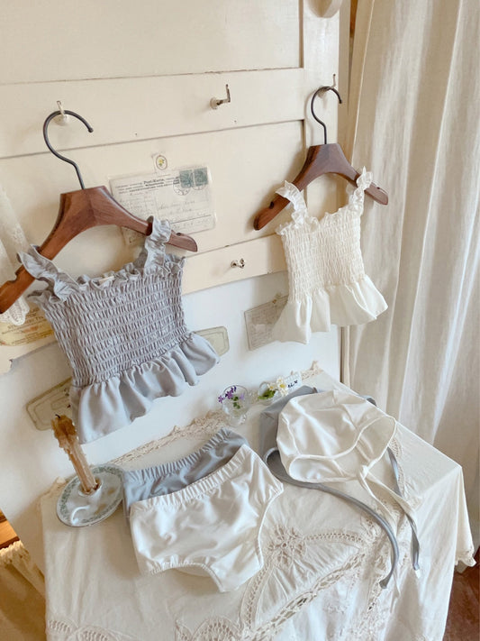 -ベビー 水着 シャーリング ノースリーブ セパレート スイムウェア ガールズ 帽子 セット【mh0002465】 - mamahalo shop - ベビー用水着 - べビー服 - 子供服 - 男の子 - 女の子