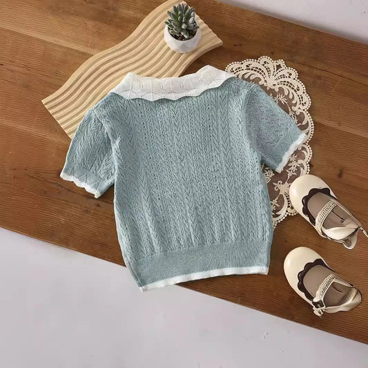 -キッズトップス ニット 半袖ブラウス 襟付きカットソー ブルーグレー【mh0006484】 - mamahalo shop - 半袖シャツ・ブラウス - べビー服 - 子供服 - 男の子 - 女の子