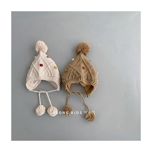 -ベビー帽子 ポンポン付きニットキャップボンネット 5カラー【mh0006952】 - mamahalo shop - ベビー用帽子 - べビー服 - 子供服 - 男の子 - 女の子