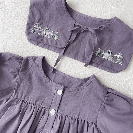 -ベビーロンパース 長袖パフスリーブボディスーツ+つけ襟セット フラワー花柄刺繍 パープル【mh0004587】 - mamahalo shop - 長袖ロンパース - べビー服 - 子供服 - 男の子 - 女の子
