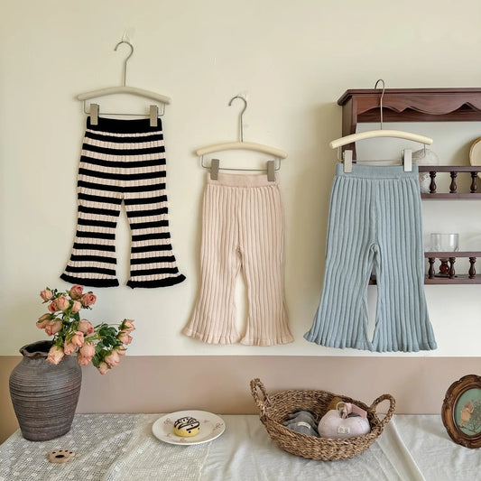 -キッズパンツ 太リブニットフレアレギンスパンツ 無地/ボーダー 3カラー - mamahalo shop - レギンスパンツ - べビー服 - 子供服 - 男の子 - 女の子