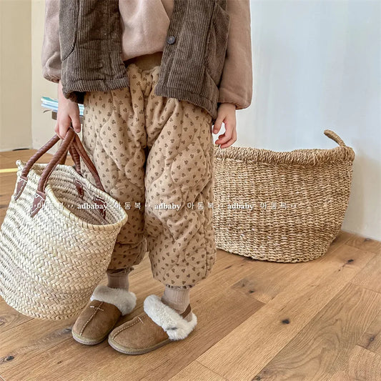 -キッズパンツ キルティング裏フリース フラワー 花柄プリントパンツ 暖パン 2カラー ガールズ 女の子 子供服 - mamahalo shop - ロングパンツ・スウェットパンツ - べビー服 - 子供服 - 男の子 - 女の子