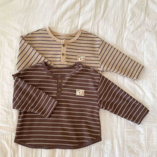 -キッズトップス ボーダーベアくまワンポイントヘンリーネック長袖Tシャツ 2 カラー - mamahalo shop - 長袖Tシャツ - べビー服 - 子供服 - 男の子 - 女の子