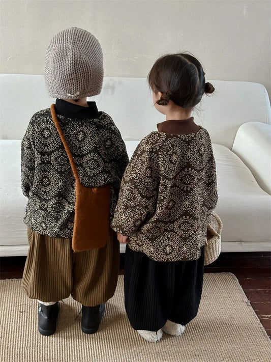 -キッズスウェットシャツ 裏ボアフリース ボヘミアン柄 幾何学 フラワープリント トレーナー ハーフタートルネック スタンドカラー ブラック コーヒー 2カラー ユニセックス 男の子 女の子 子供服 - mamahalo shop - トレーナー・フーディ - べビー服 - 子供服 - 男の子 - 女の子