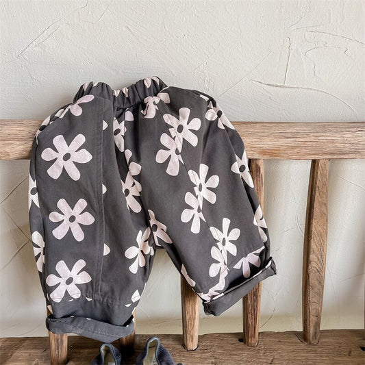 -キッズ レトロフラワー ルーズ ロング パンツ グレー カーキ ガールズ - mamahalo shop - ロングパンツ・スウェットパンツ - べビー服 - 子供服 - 男の子 - 女の子