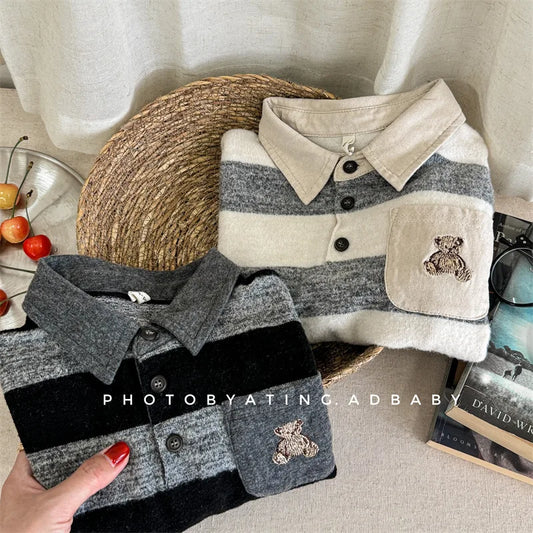 -キッズトップス ボーダー 長袖ポロシャツ くまベア刺繍 2カラー - mamahalo shop - 長袖シャツ・ブラウス - べビー服 - 子供服 - 男の子 - 女の子