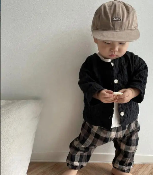 -キッズカーディガン 長袖Tシャツ しわ加工ジャケットトップス ブラック/ベージュ/2カラー - mamahalo shop - カーディガン・パーカー - べビー服 - 子供服 - 男の子 - 女の子