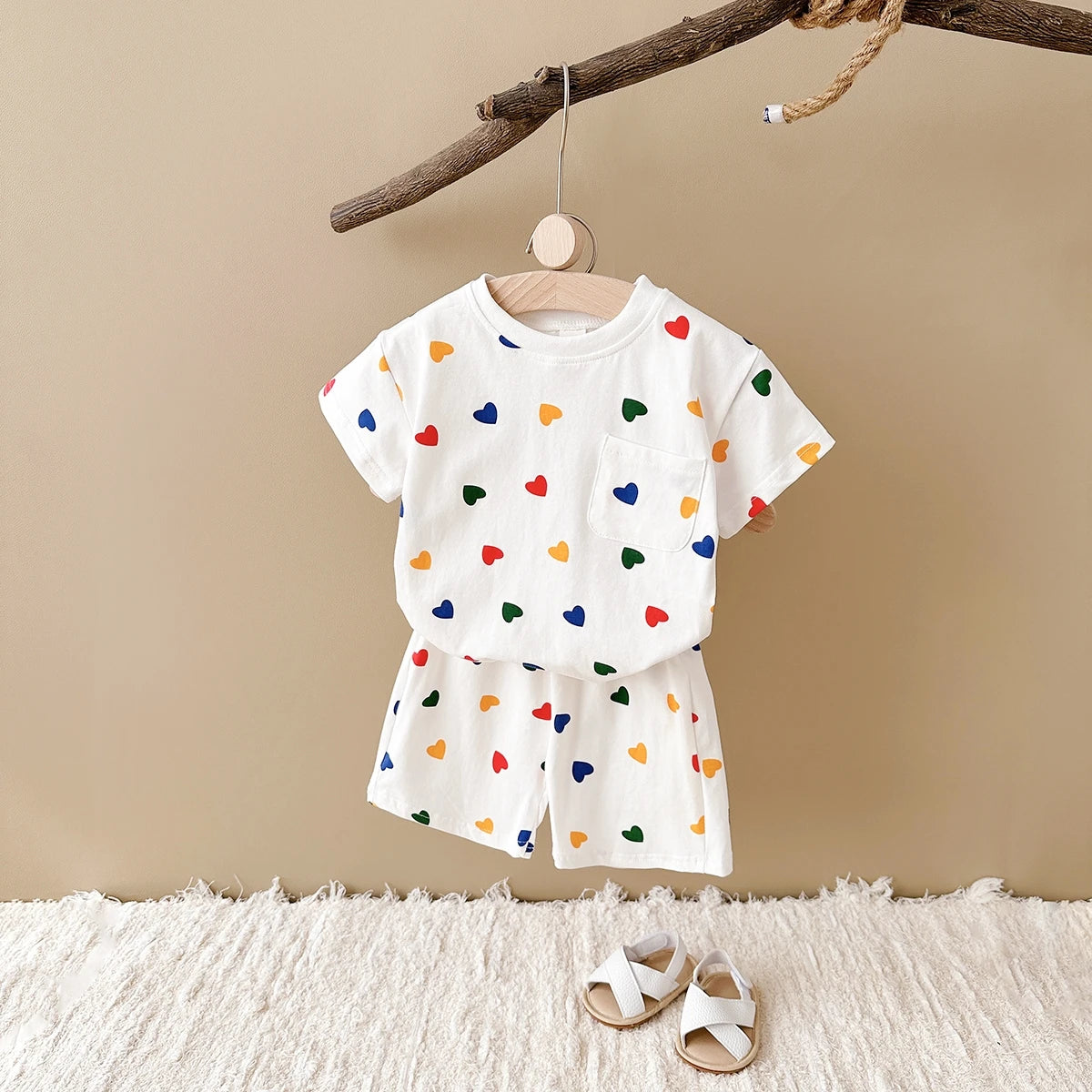 -ベビーキッズセットアップ 2点セット 半袖Tシャツ+ショートパンツ チェック/カラフルハートプリント【mh0005638】 - mamahalo shop - 半袖セットアップ - べビー服 - 子供服 - 男の子 - 女の子