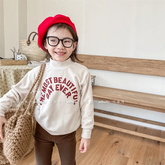 -キッズスウェットシャツ レターロゴプリント ハイネックトップス 裏フリースTシャツ 3カラー ユニセックス 男の子 女の子 子供服 - mamahalo shop - トレーナー・フーディ - べビー服 - 子供服 - 男の子 - 女の子