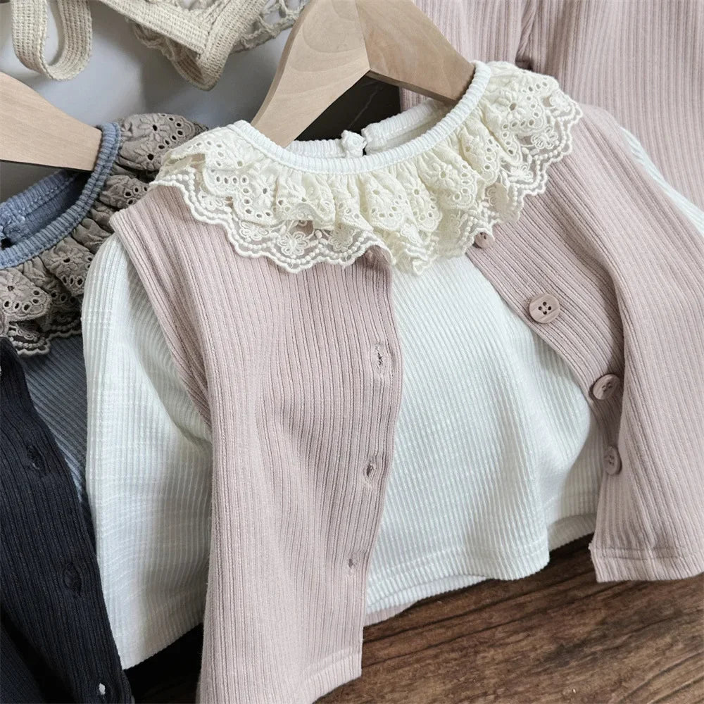 -ベビートップス ボリュームレースラッフル襟長袖カットソーTシャツ 2カラー - mamahalo shop - 長袖Tシャツ - べビー服 - 子供服 - 男の子 - 女の子