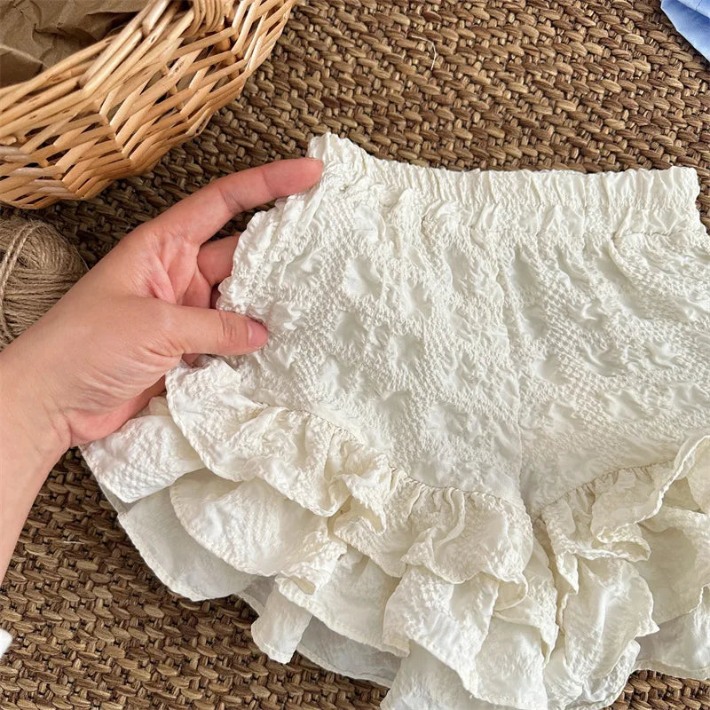 -キッズパンツ ダブルフリルショートパンツ ベージュ - mamahalo shop - ハーフパンツ・ショートパンツ - べビー服 - 子供服 - 男の子 - 女の子