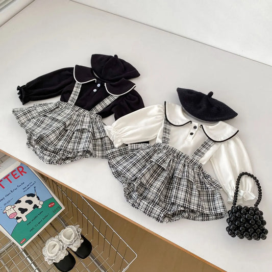 -ベビートップス/パンツ 丸襟長袖ブラウス/チェックサスペンダーフリルスカートブルマパンツ - mamahalo shop - 長袖セットアップ - べビー服 - 子供服 - 男の子 - 女の子